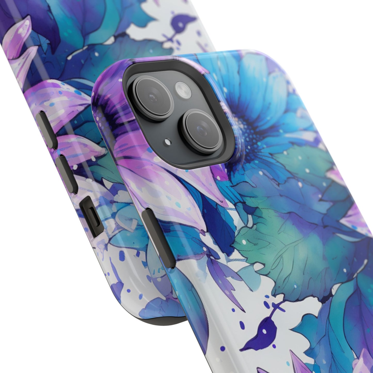 Purple & Teal Watercolor Floral MagSafe iPhone Case - Artistic Flower Design