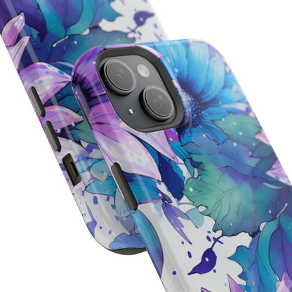 Purple & Teal Watercolor Floral MagSafe iPhone Case - Artistic Flower Design