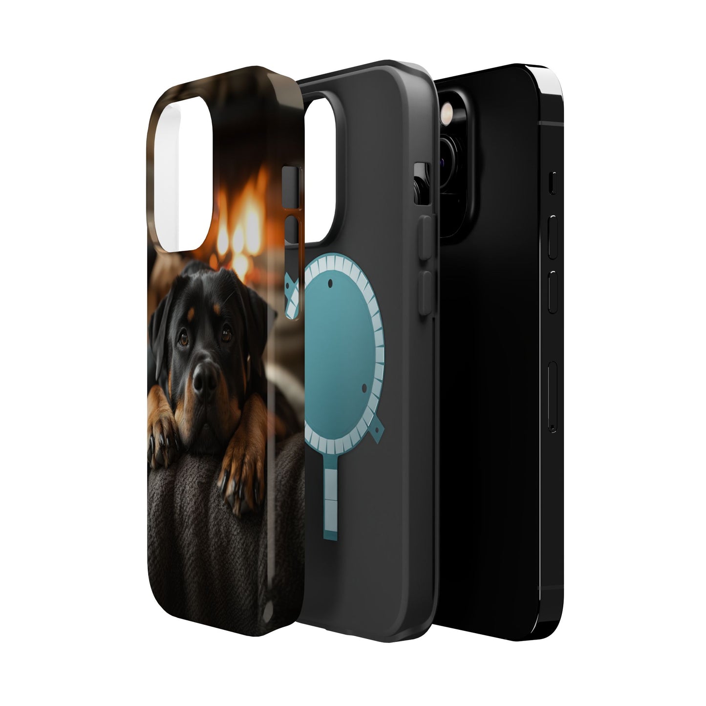 Cozy Rottweiler by the Fireplace MagSafe iPhone Case – Warm Rustic Design