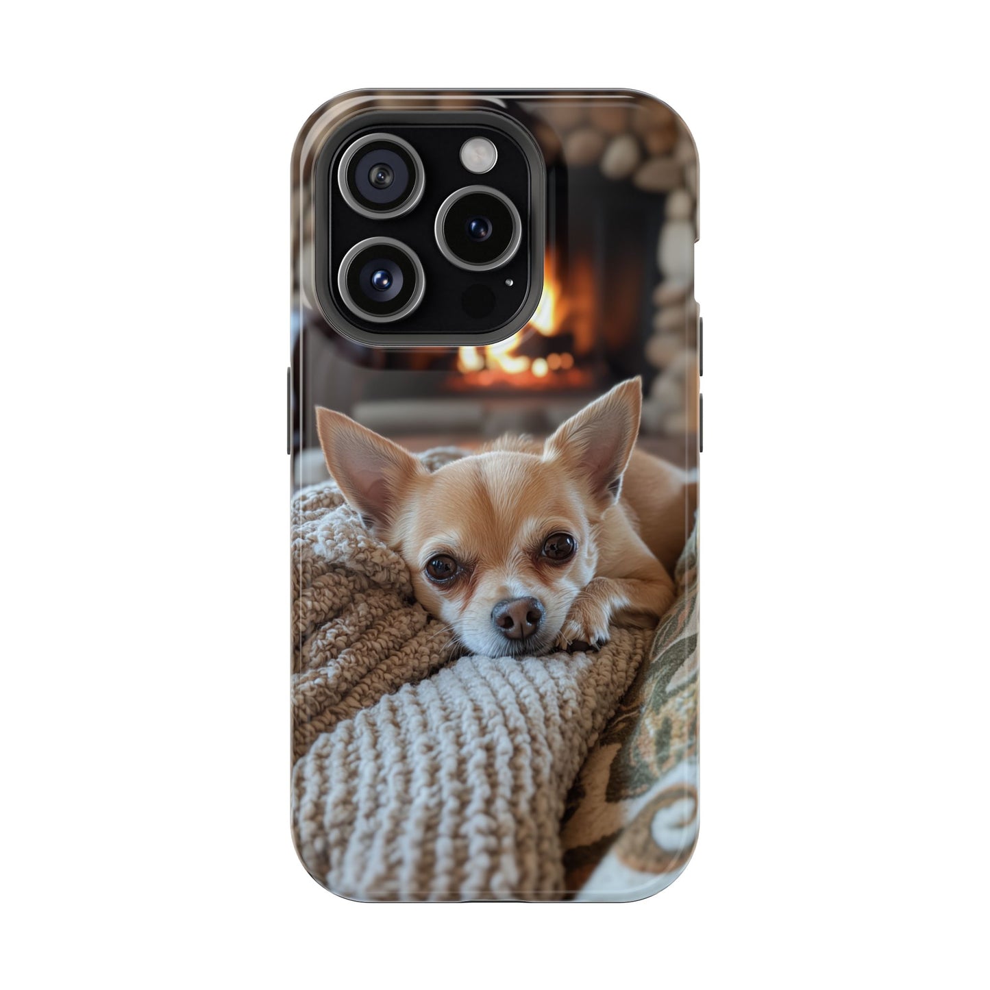 Relaxing Chihuahua by Fireplace MagSafe iPhone Case – Functional and Cozy Design