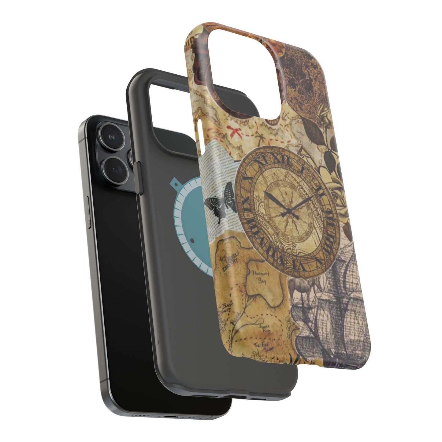 Steampunk Vintage Adventure MagSafe iPhone Case – Dual-Layer Protection with Antique Map and Clock Design