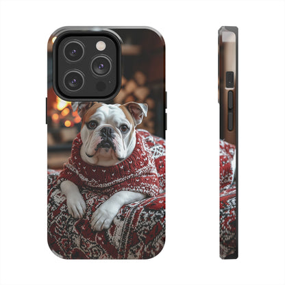 Cozy Bulldog in Sweater iPhone Case – Festive Fireplace Protective Cover