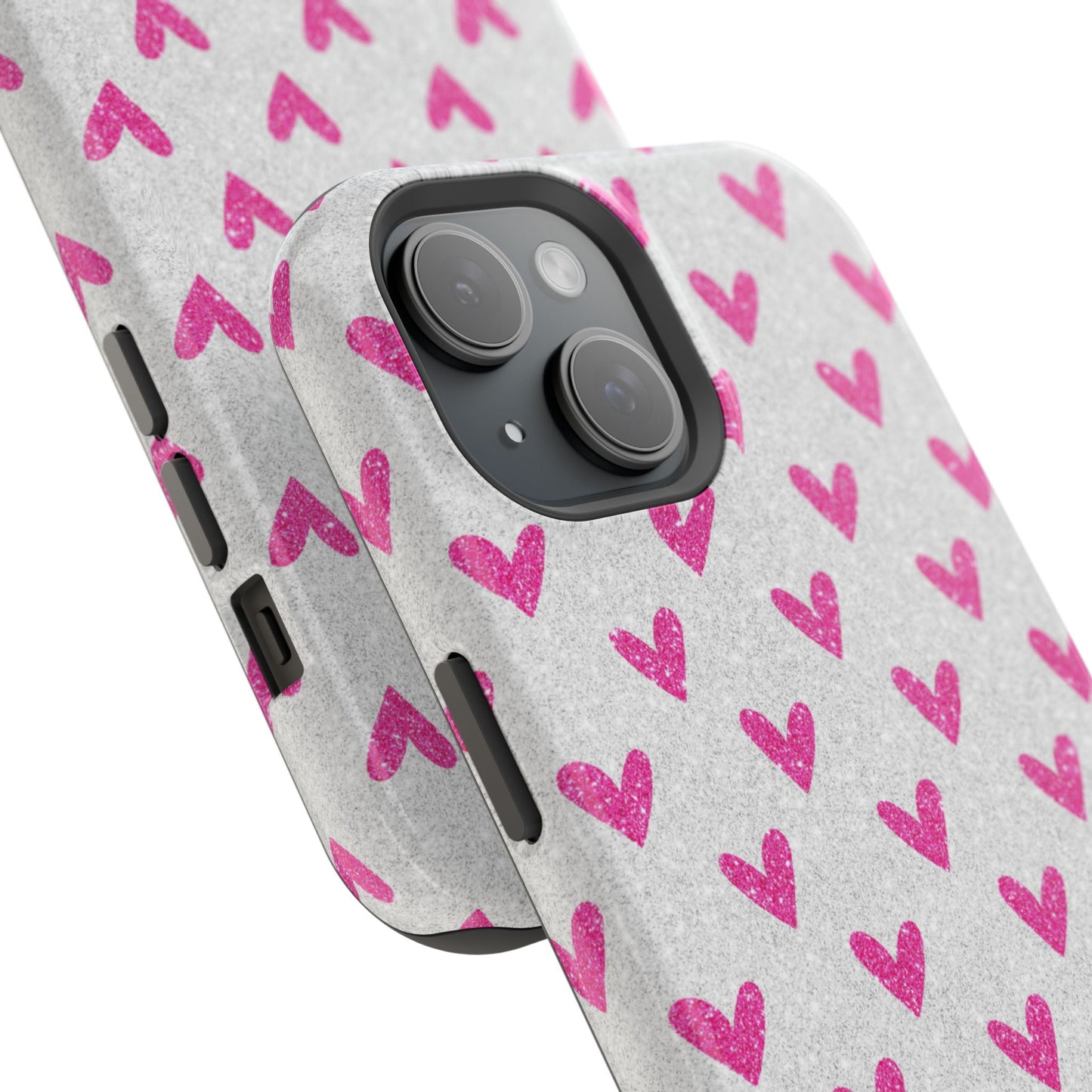 Pink Hearts on Glitter Silver – MagSafe iPhone Case