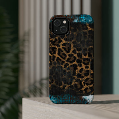 Boho Leopard and Turquoise Tough MagSafe iPhone Case – Rustic Western Design with Dual-Layer Protection