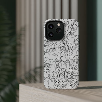 Monochrome Rose Garden Tough MagSafe iPhone Case – Elegant Floral Line Art with Dual-Layer Protection