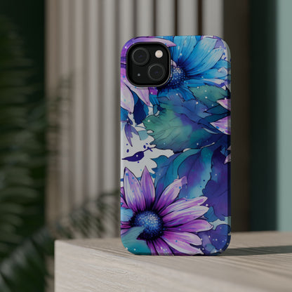 Purple & Teal Watercolor Floral MagSafe iPhone Case - Artistic Flower Design