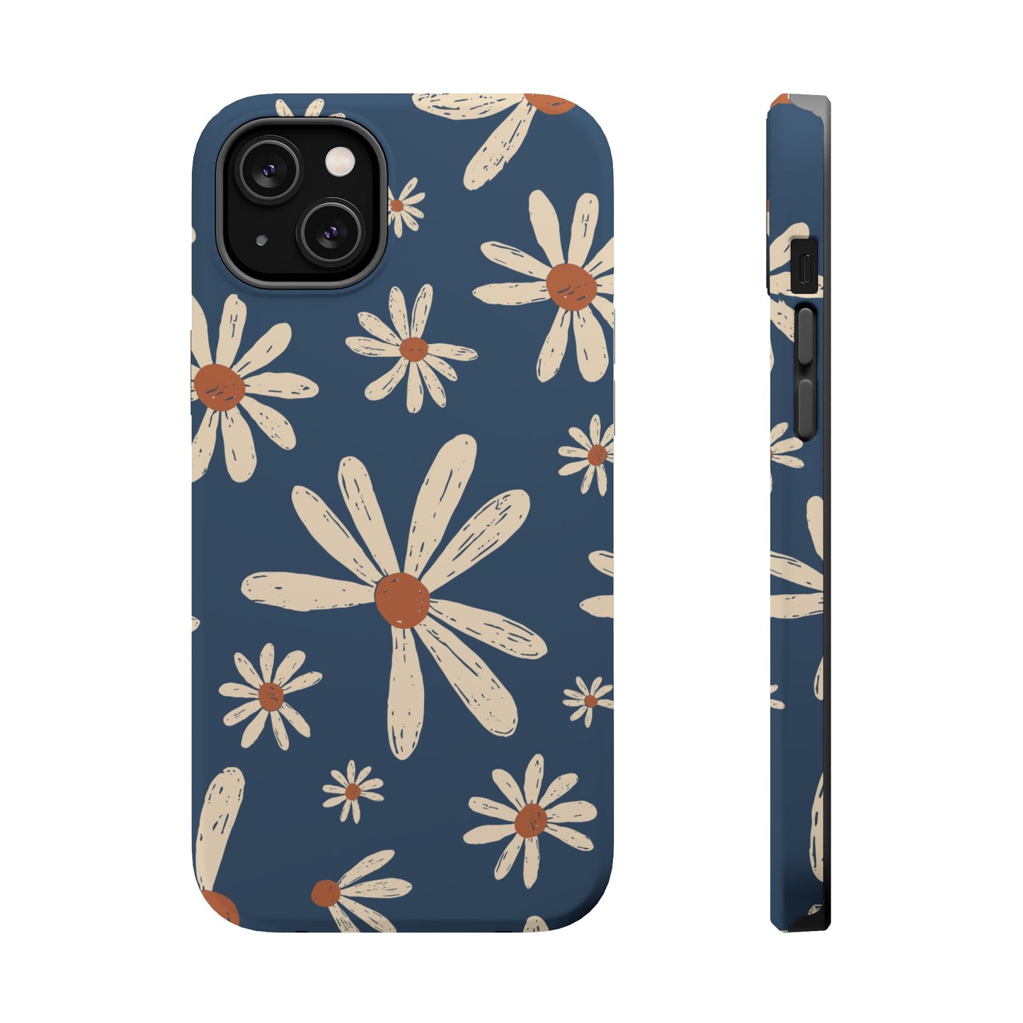 Vintage Daisies MagSafe iPhone Case – Navy Blue Floral Design, Scratch-Resistant with Shock-Absorbing Bumper