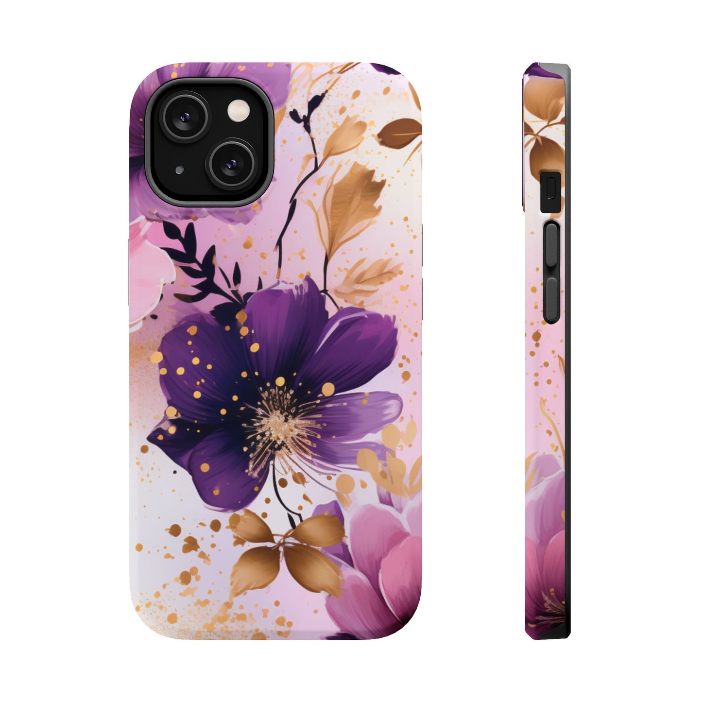 Elegant Purple & Gold Floral MagSafe iPhone Case - Luxe Flower Design