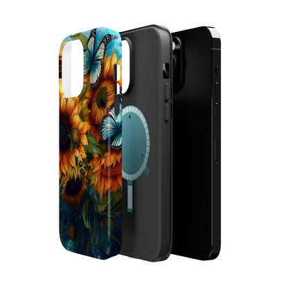 Aqua Blue Butterfly & Sunflower Art – MagSafe iPhone Case