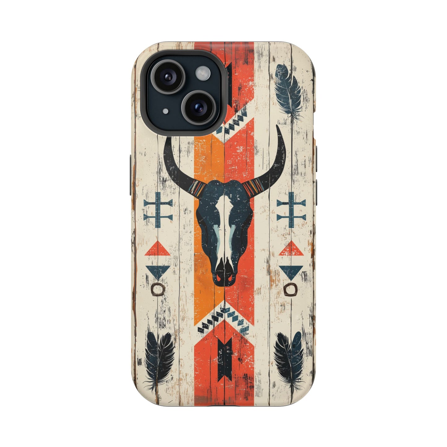 Rustic Western Bull Skull Tough MagSafe iPhone Case – Distressed Wood Design, Dual-Layer Protection