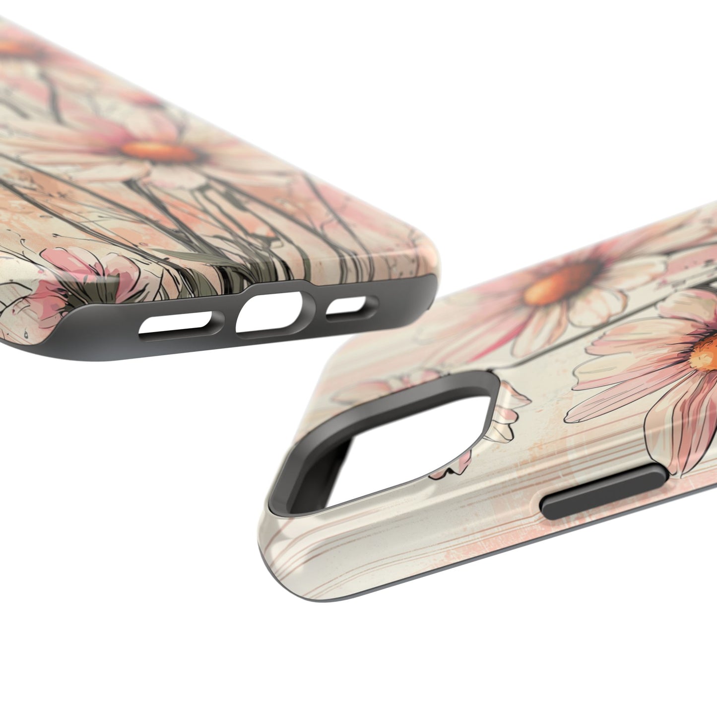 Pastel Pink Daisy MagSafe iPhone Case - Elegant Floral Plaid Protective Cover