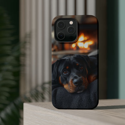 Charming Rottweiler by the Fireplace MagSafe iPhone Case – Cozy & Functional Design