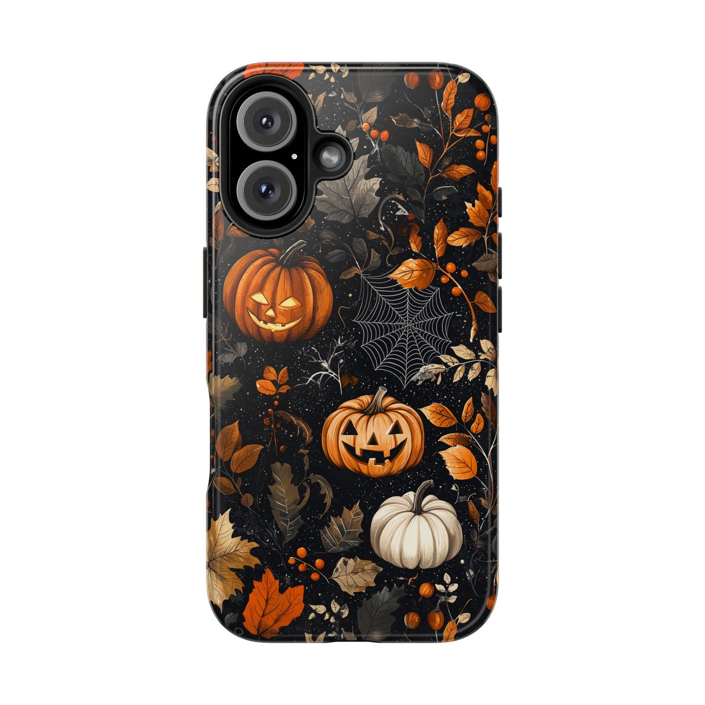 Elegant Halloween iPhone Case – Pumpkin Jack-o'-Lanterns, Cobwebs & Autumn Foliage Design