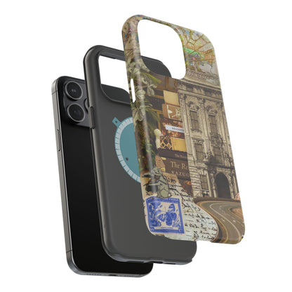 Whimsical Road Trip Collage MagSafe iPhone Case – Dual-Layer Protection with Vintage Art and Adventure Design