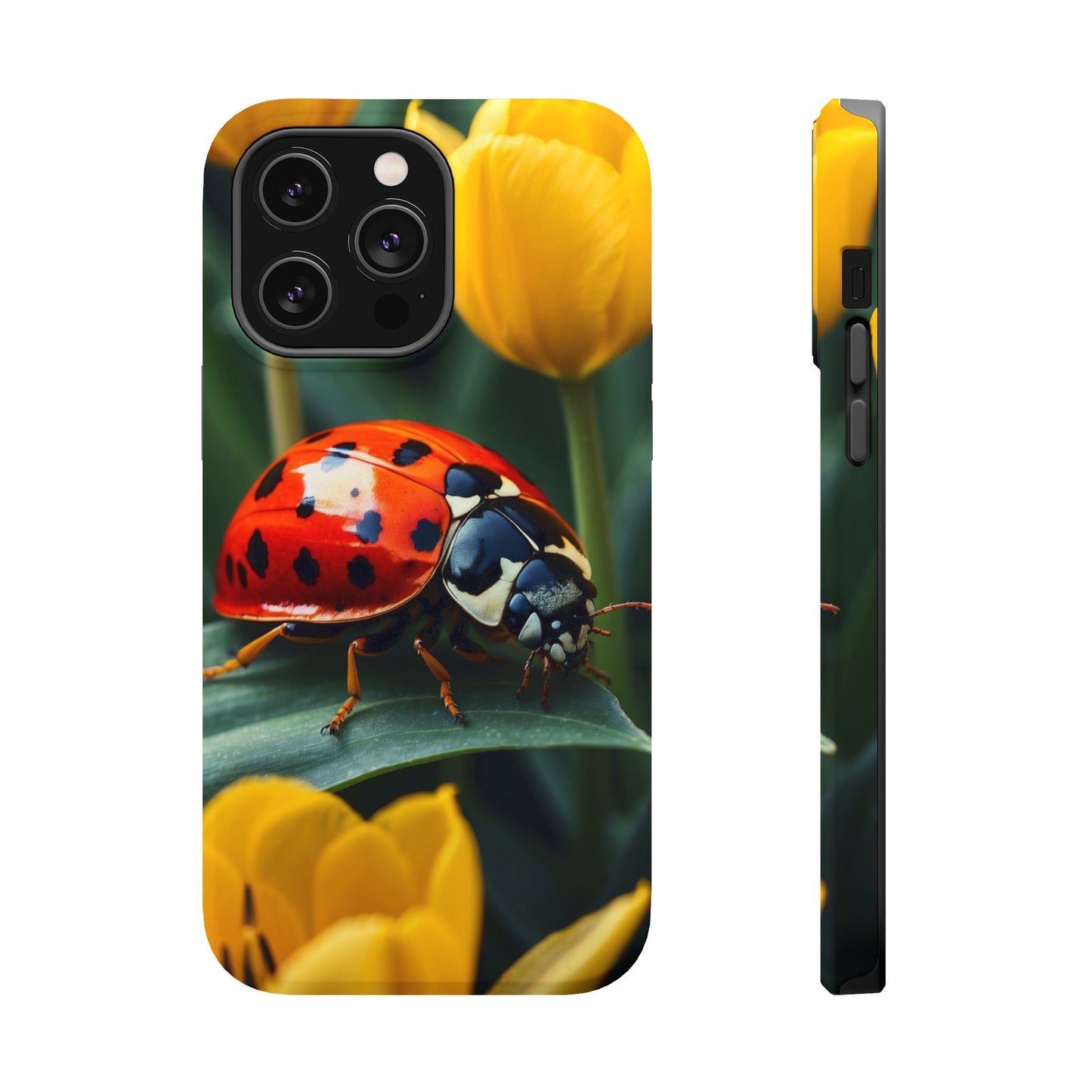 MagSafe iPhone Case: Vibrant Ladybug Amidst a Lush Yellow Flower Garden