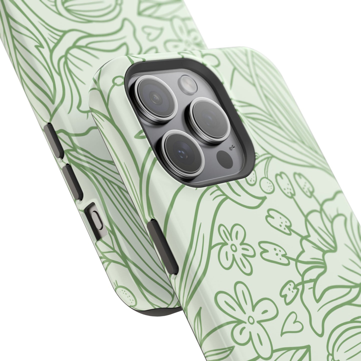 Sage Green Floral Line Art Tough MagSafe iPhone Case – Minimalist Botanical Design with Dual-Layer Protection