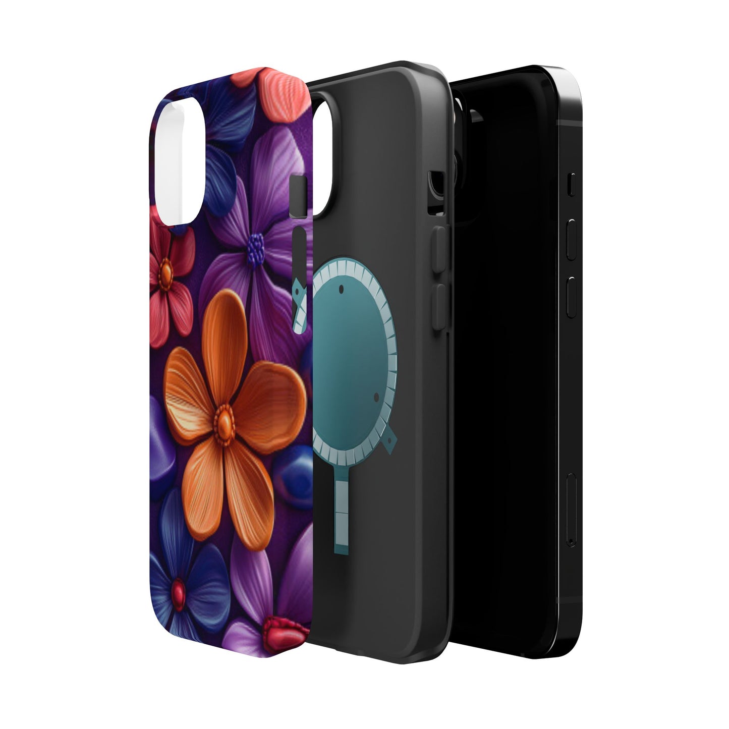 Bold Floral 3D MagSafe iPhone Case – Vivid Purple and Orange Flower Design, Shock-Resistant