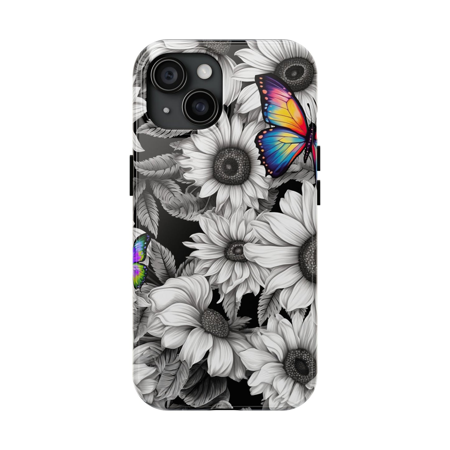 Rainbow Butterflies & Monochrome Sunflowers – iPhone Case