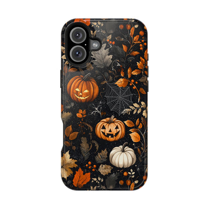 Elegant Halloween MagSafe iPhone Case – Pumpkin Jack-o'-Lanterns, Cobwebs & Autumn Foliage Design