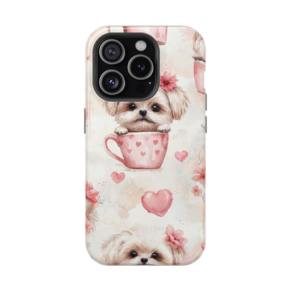 Floral Puppy in Teacup MagSafe iPhone Case – Cute Pink Flower Design, Tough Dual-Layer Protection