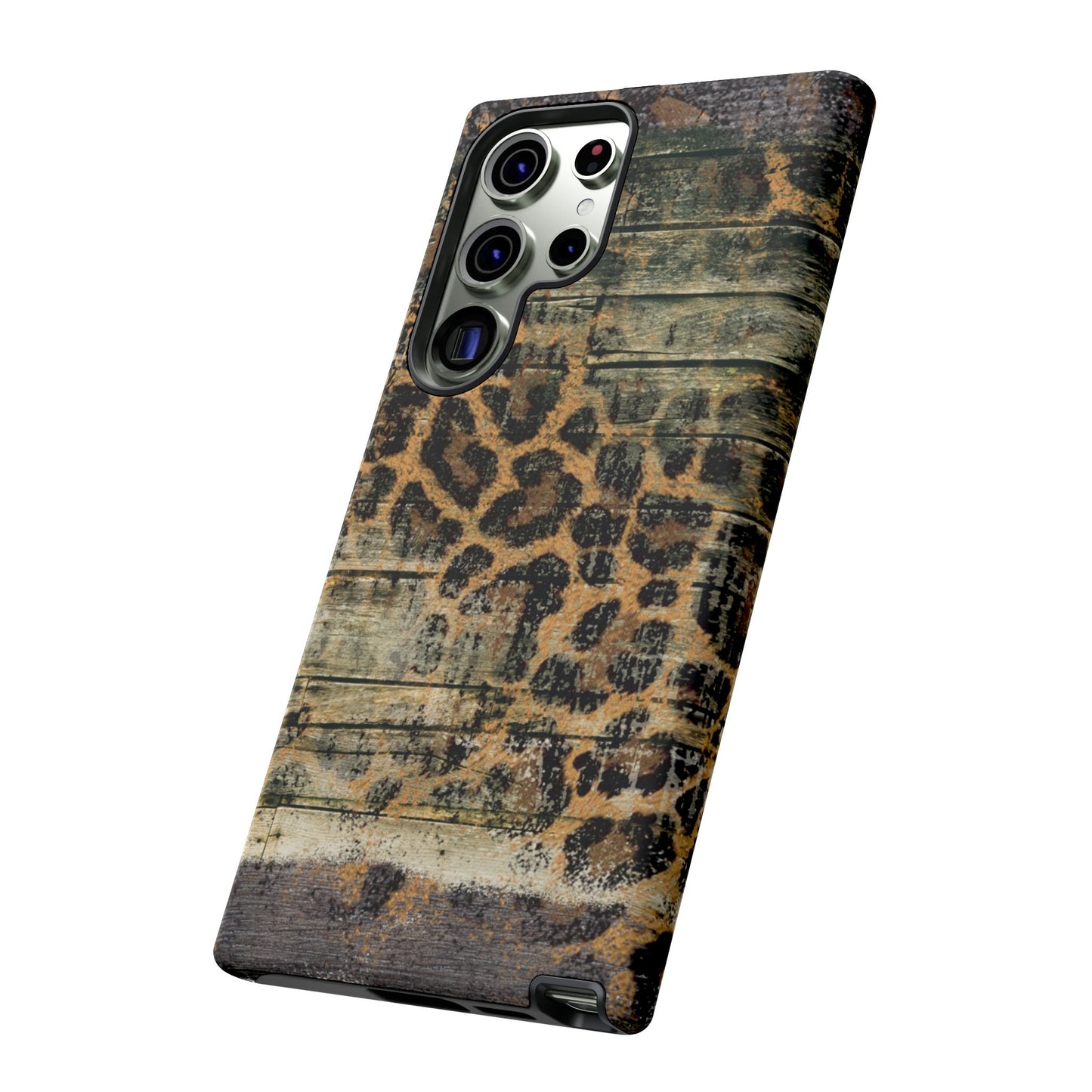 Rustic Wood and Leopard Print Tough Samsung Galaxy Case – Distressed Western Design with Dual-Layer Protection