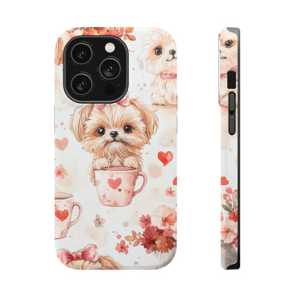 Puppies & Heart Mugs MagSafe iPhone Case – Sweet Dog & Floral Design, Shockproof & Slim