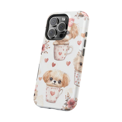 Cute Puppies in Heart MagSafe iPhone Case – Adorable Dog & Floral Design, Shockproof & Slim