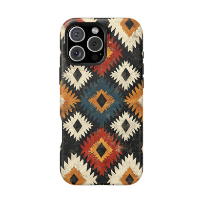 Rustic Tribal Sunburst Tough MagSafe iPhone Case – Vibrant Geometric Design, Dual-Layer Protection