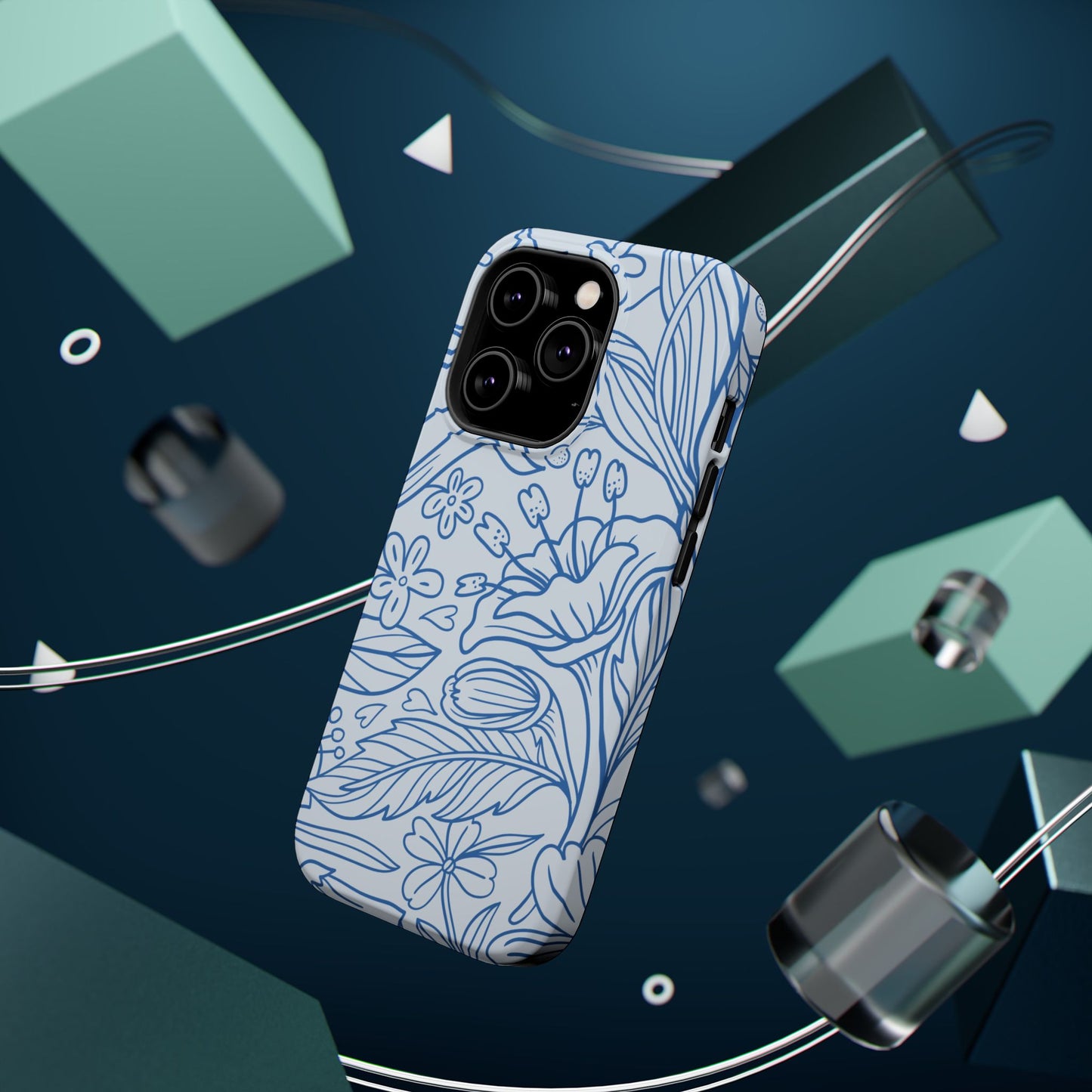 Dusty Blue Floral Line Art Tough MagSafe iPhone Case – Minimalist Botanical Design with Dual-Layer Protection