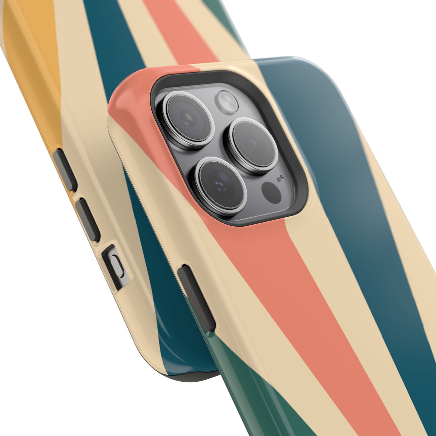 Retro Sunbeam MagSafe iPhone Case – 70s-Inspired Radiating Stripes in Coral, Teal, and Mustard