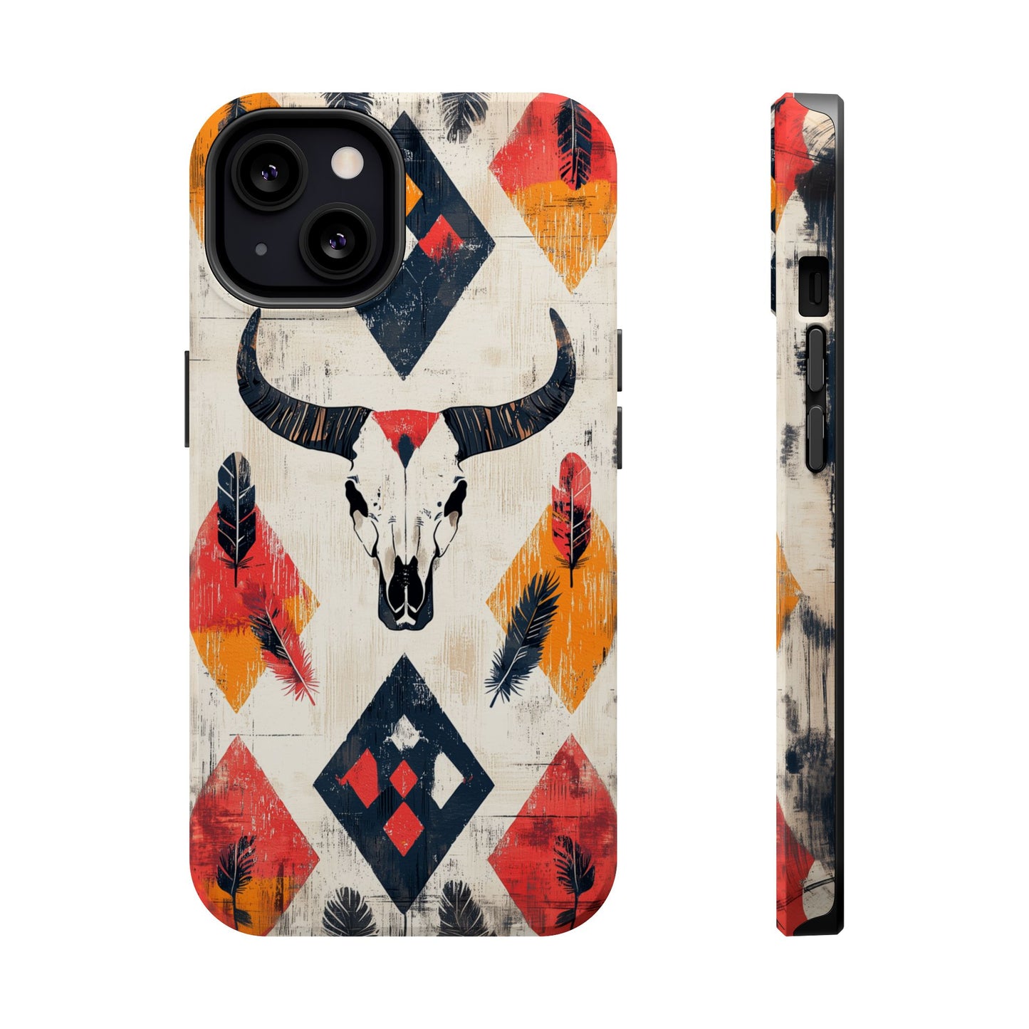 Western Bull Skull & Feathers Tough Mag Safe iPhone Case – Bold Tribal Design, Dual-Layer Protection