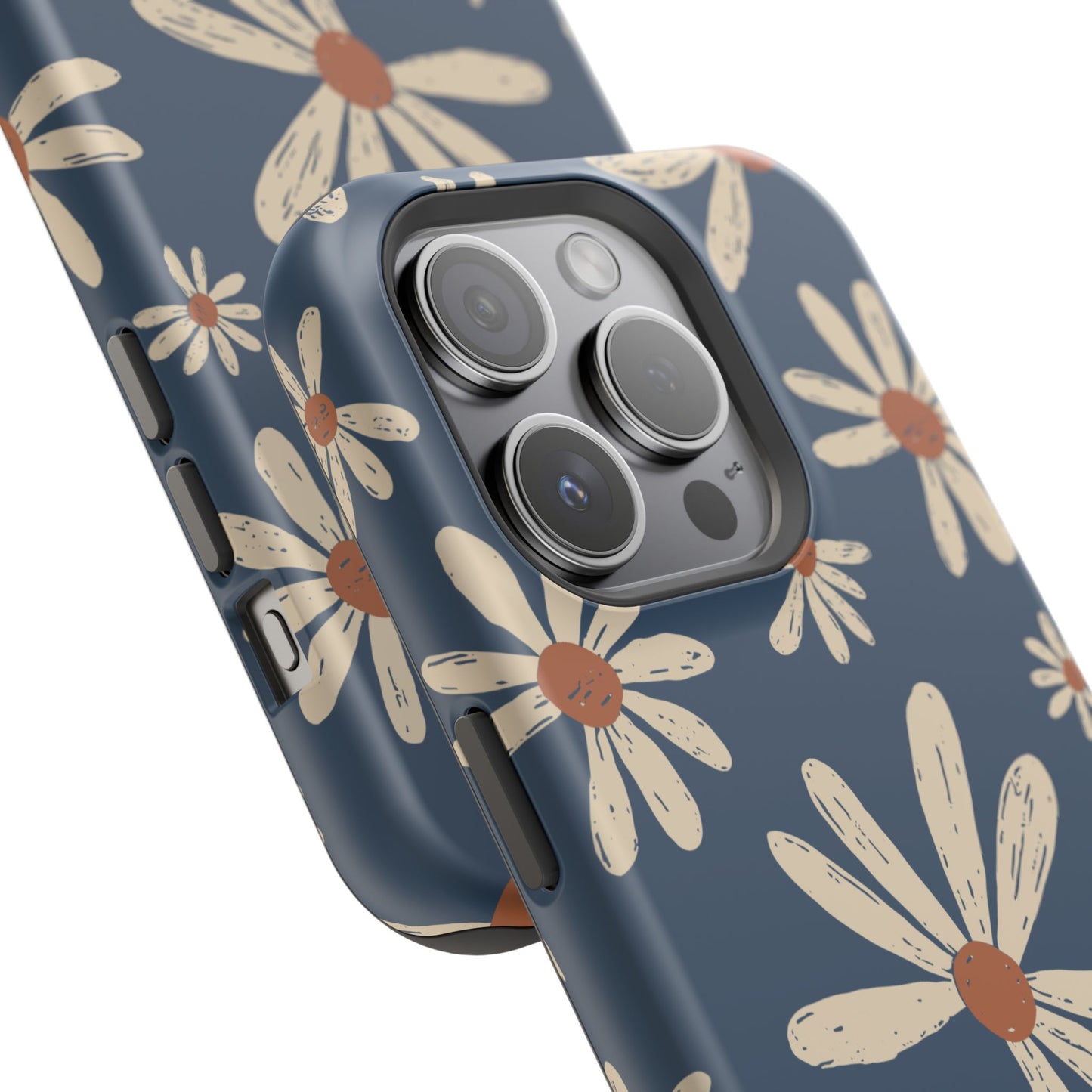 Vintage Daisies MagSafe iPhone Case – Navy Blue Floral Design, Scratch-Resistant with Shock-Absorbing Bumper