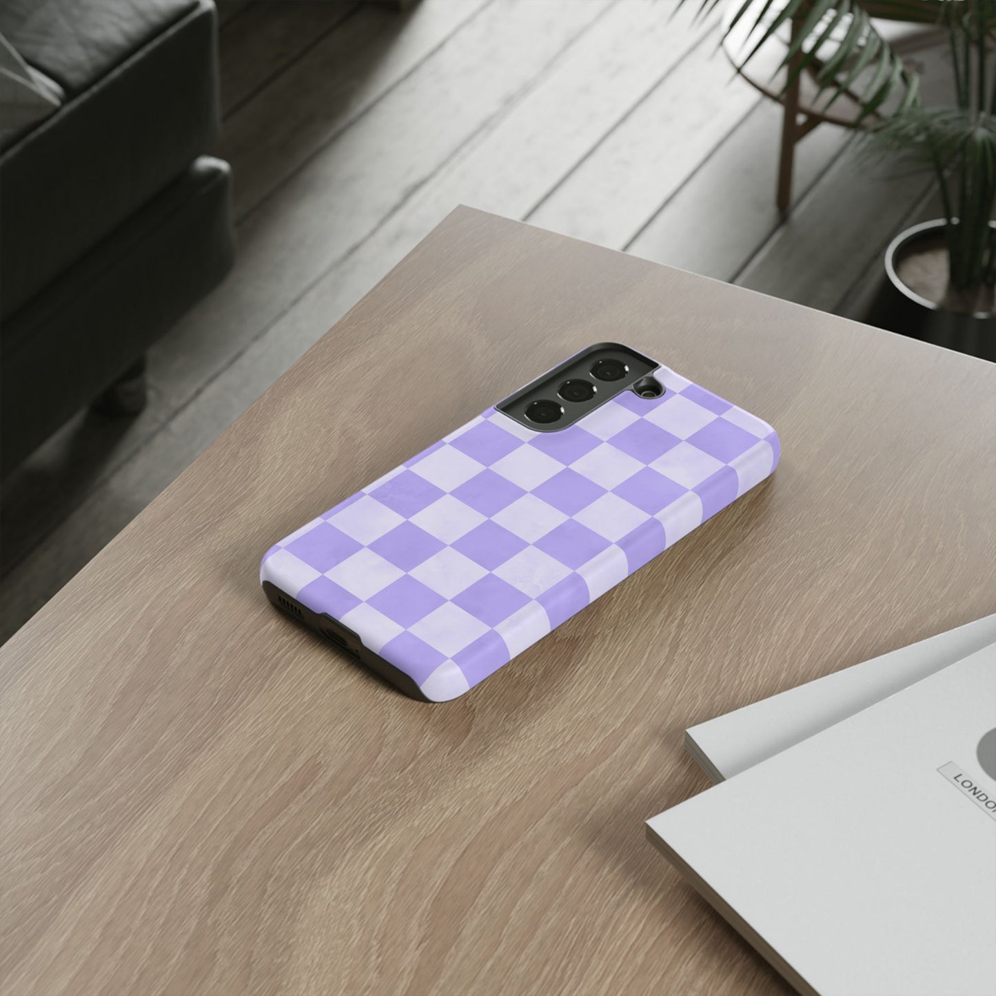 Lavender Checkerboard Samsung Galaxy Case – Shockproof, Smooth Matte Finish, Dual-Layer Design