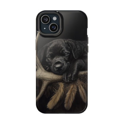 Adorable Black Labrador Puppy on Feathers MagSafe iPhone Case