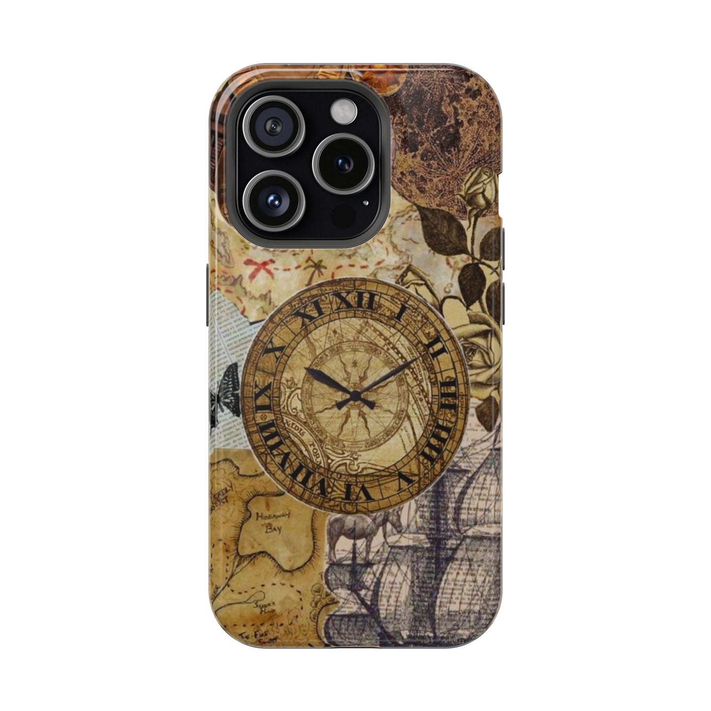 Steampunk Vintage Adventure MagSafe iPhone Case – Dual-Layer Protection with Antique Map and Clock Design