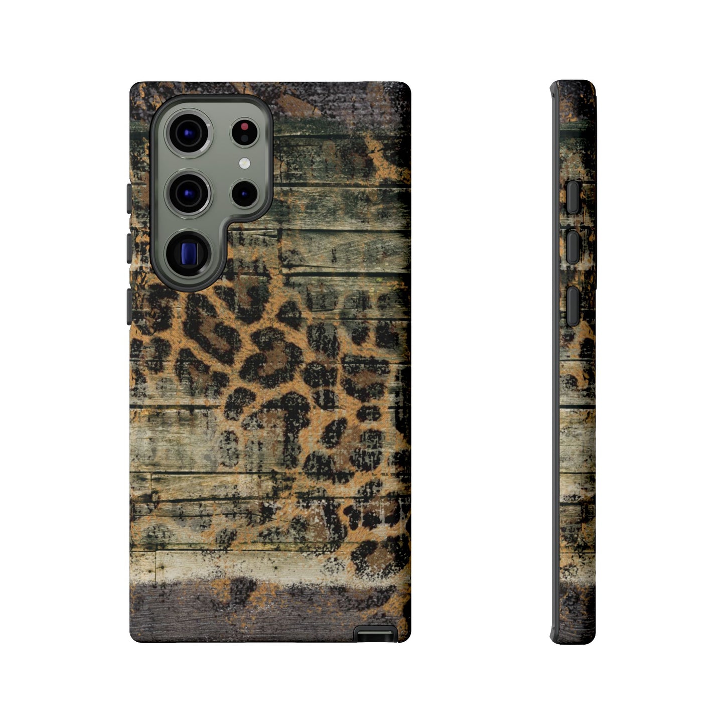 Rustic Wood and Leopard Print Tough Samsung Galaxy Case – Distressed Western Design with Dual-Layer Protection