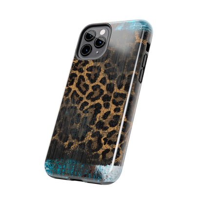 Boho Leopard and Turquoise Tough iPhone Case – Rustic Western Design with Dual-Layer Protection