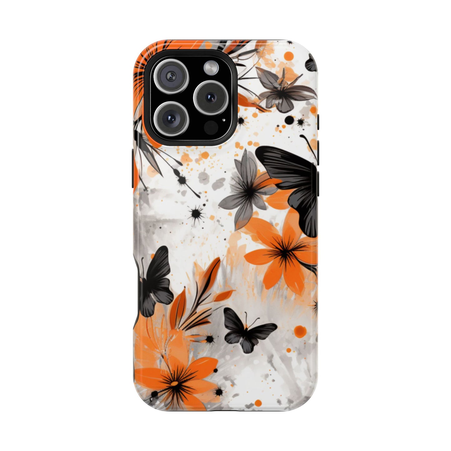 Orange Blossom & Black Butterfly MagSafe iPhone Case – Bold Floral Pattern with Modern Abstract Style