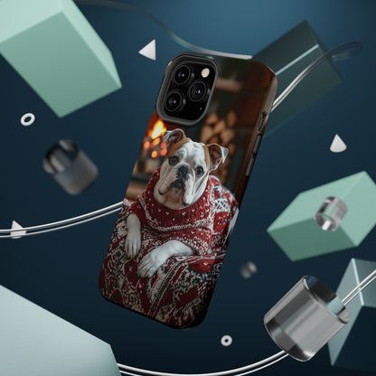 Cozy Bulldog in Sweater MagSafe iPhone Case – Festive Fireplace Protective Cover