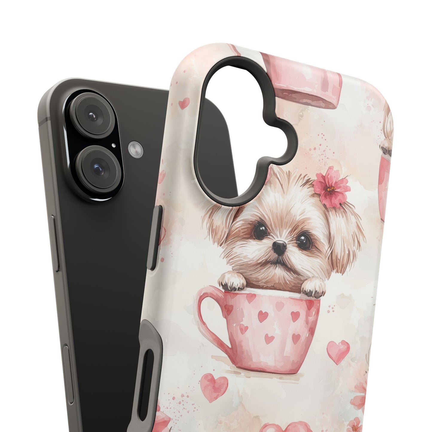 Floral Puppy in Teacup MagSafe iPhone Case – Cute Pink Flower Design, Tough Dual-Layer Protection