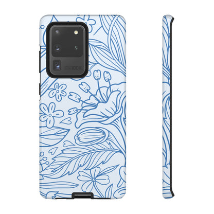 Dusty Blue Floral Line Art Tough Samsung Galaxy Case – Minimalist Botanical Design with Dual-Layer Protection