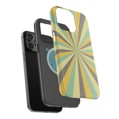 Vintage Sunburst Rays MagSafe iPhone Case – Bold 70s-Inspired Burst in Yellow, Mint, and Gray