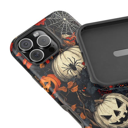 Hauntingly Elegant Halloween MagSafe iPhone Case – Pumpkins, Spiders, and Autumn Leaves Design