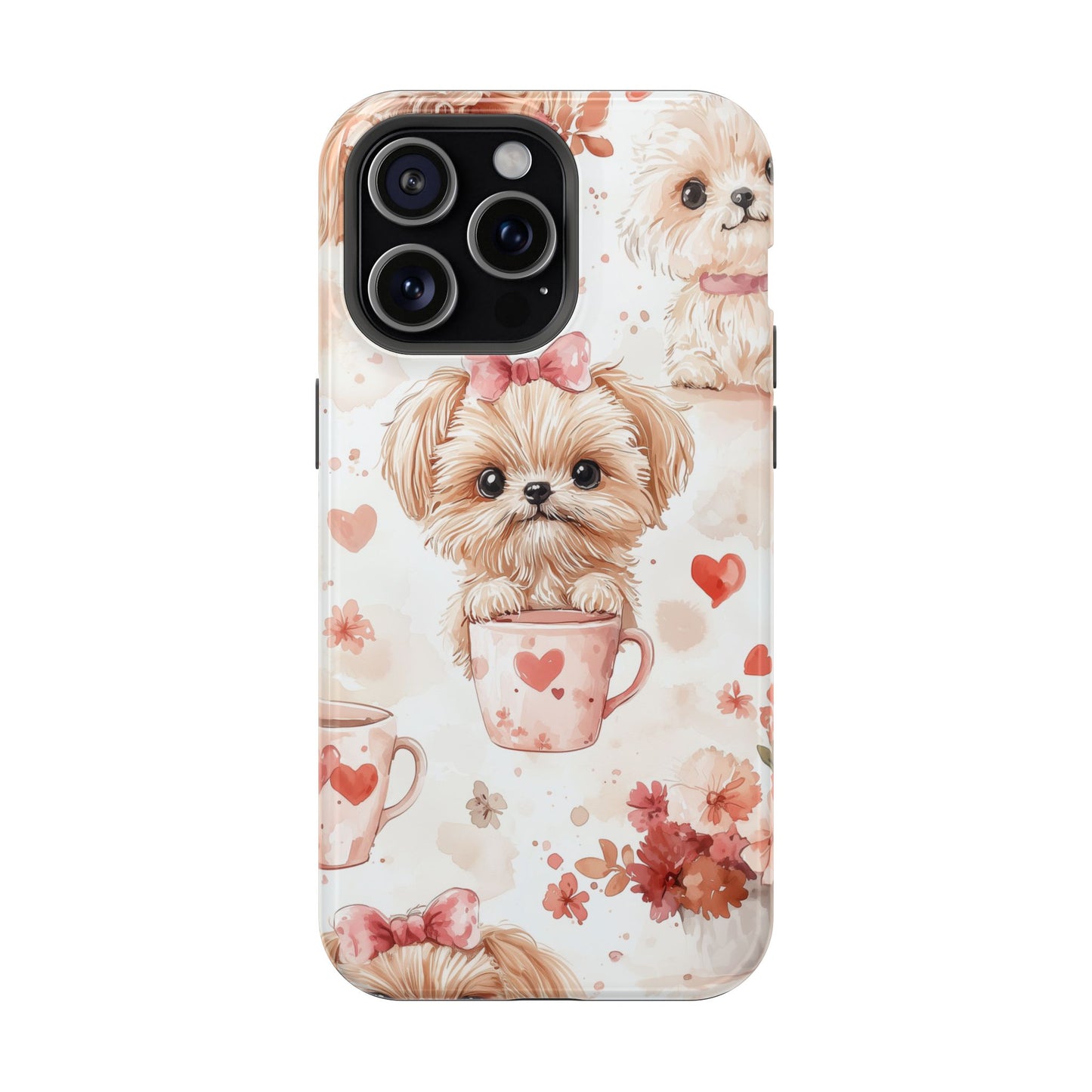 Puppies & Heart Mugs MagSafe iPhone Case – Sweet Dog & Floral Design, Shockproof & Slim