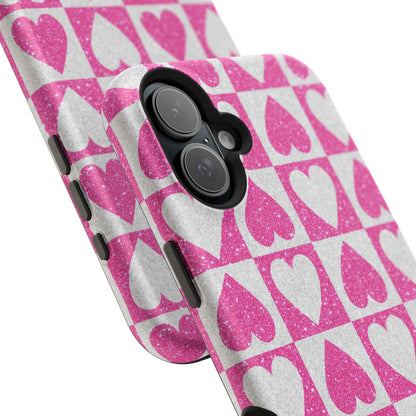 Pink Glitter Heart Checkered Pattern MagSafe Case