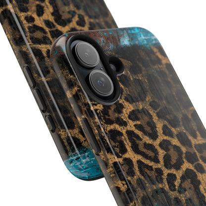 Boho Leopard and Turquoise Tough iPhone Case – Rustic Western Design with Dual-Layer Protection