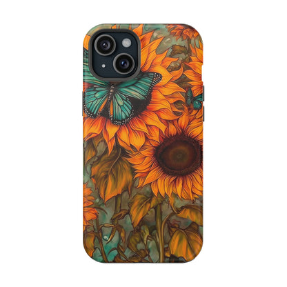 Vintage Blue Butterfly & Sunflower Art – MagSafe iPhone Case