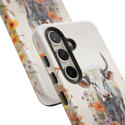 Floral Cow Phone Case - Rustic Western Watercolor Bull. For iPhone, Samsung Galaxy, and Google Pixel Phones. Cute Gift For Any Cow Lover. - BOGO Cases