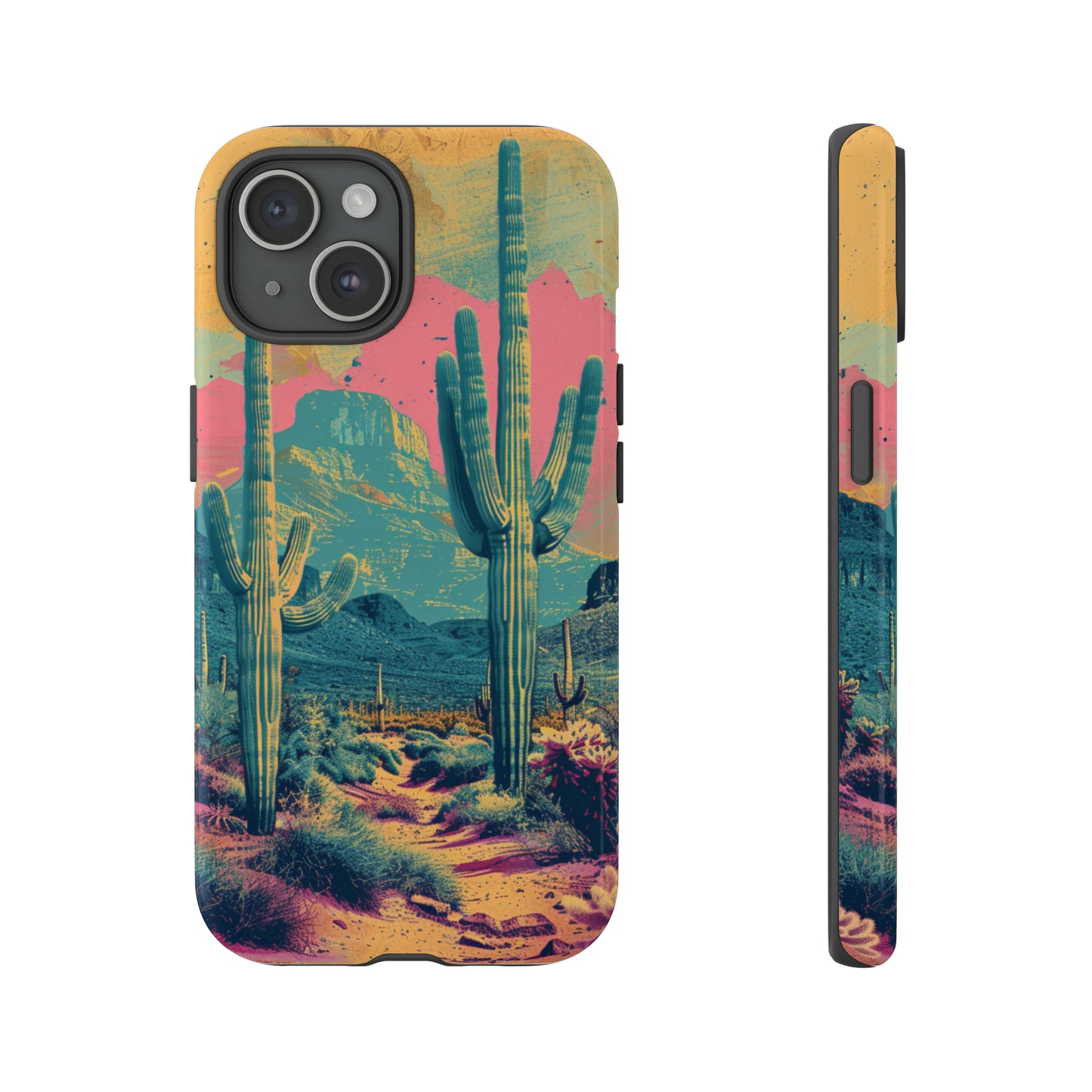 Desert Oasis Retro Cactus Phone Case - Vibrant Sunset Landscape for iPhone 15/14/13/12, Samsung S24/S23/S22/S21, & Google Pixel