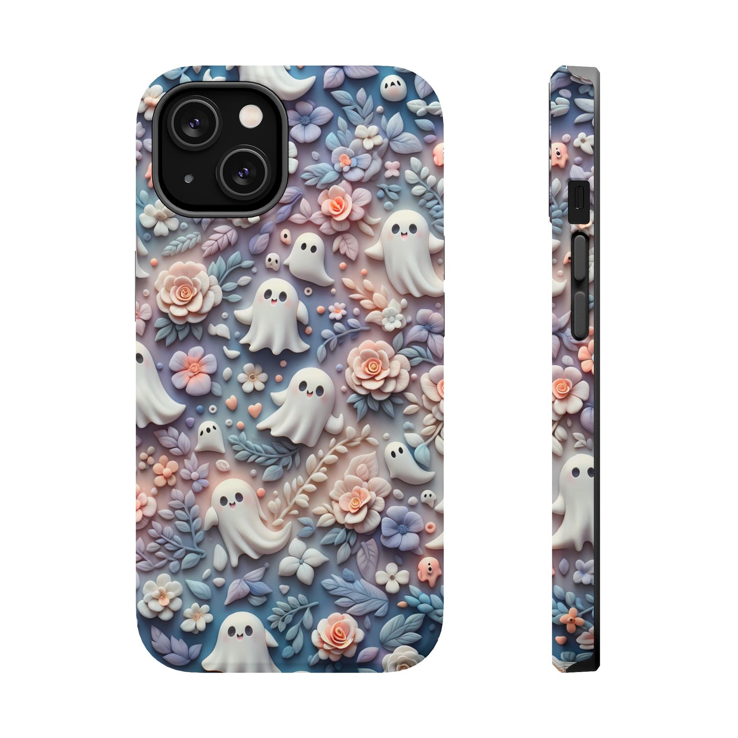 Cute MagSafe Ghosts Flowers Phone Case | Ethereal Clay Style | Autumn and Halloween Aesthetic | Tough Dual Layer Protection